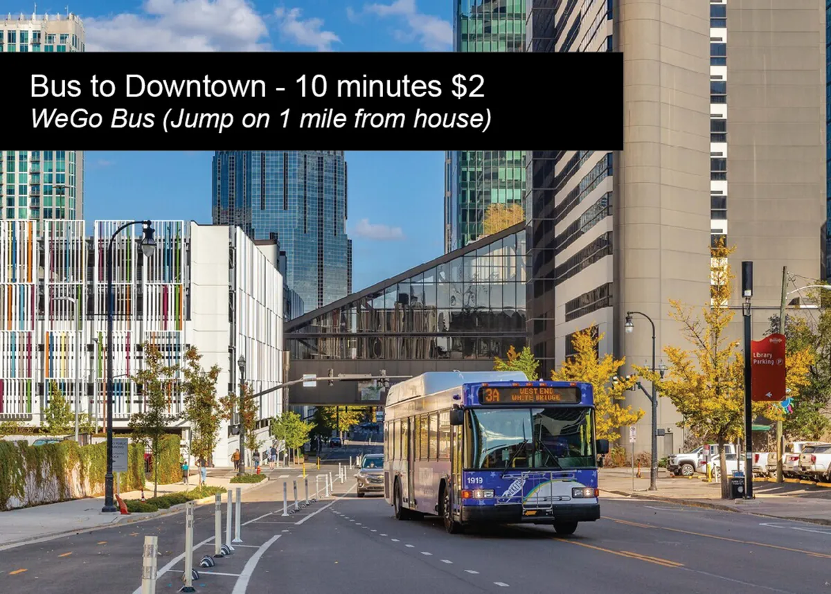 A WeGo city bus parked along a pedestrian-friendly walkway, flanked by modern high-rise buildings. People are visible, emphasizing accessibility and urban connectivity. The scene suggests convenient travel options to and from downtown attractions.