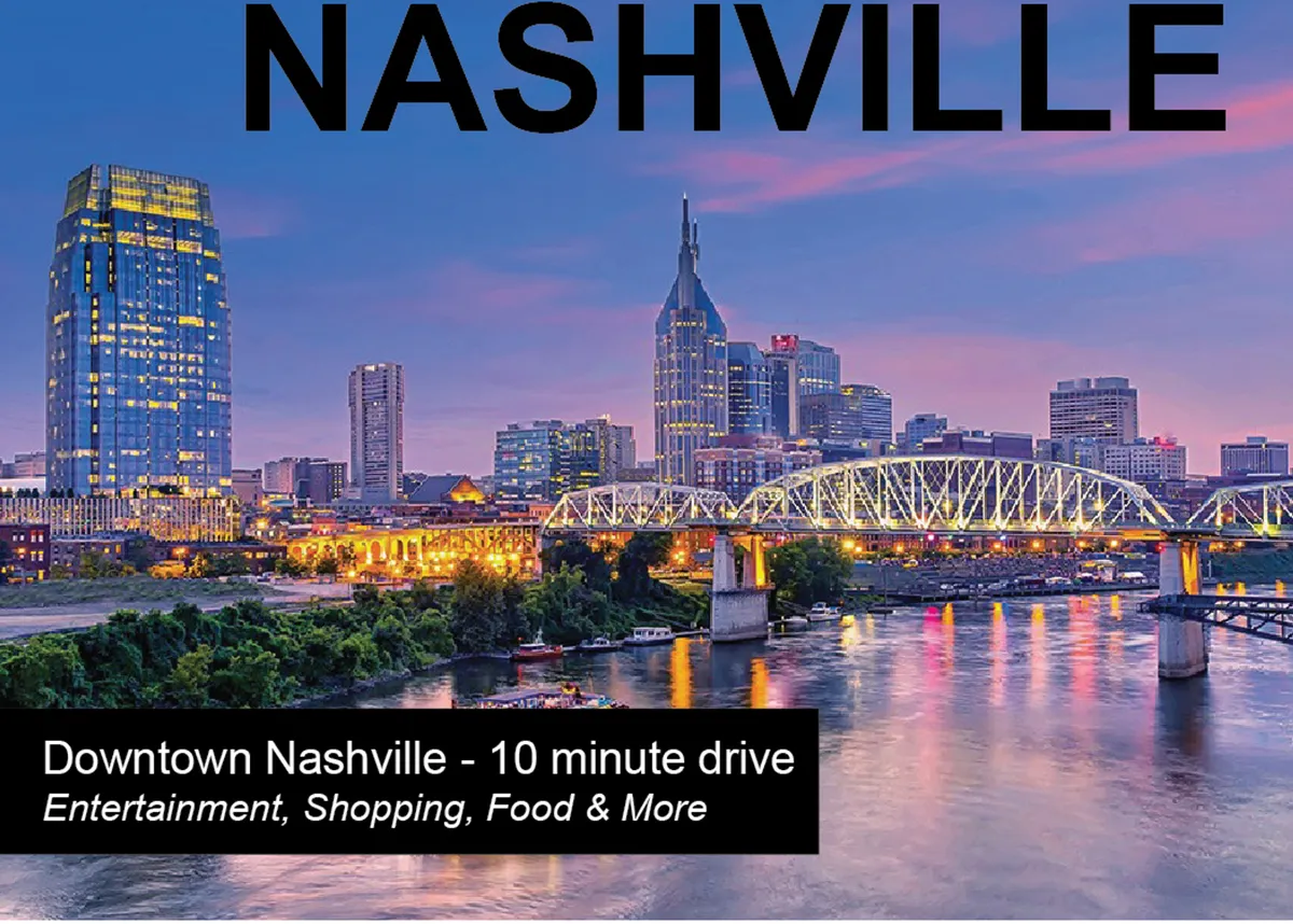 A sweeping view of the Nashville skyline at sunset, with the river and several iconic bridges in the foreground. The city lights are just starting to come on, and the vibrant urban energy is palpable, hinting at the nightlife and entertainment options available downtown.