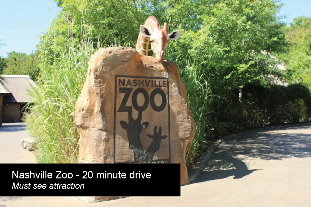 This image features the entrance to the Nashville Zoo, highlighted by a prominent Nashville Zoo sign, a whimsical giraffe sculpture, and lush surrounding greenery. The scene is bright and playful, evoking a sense of adventure ideal for family outings.