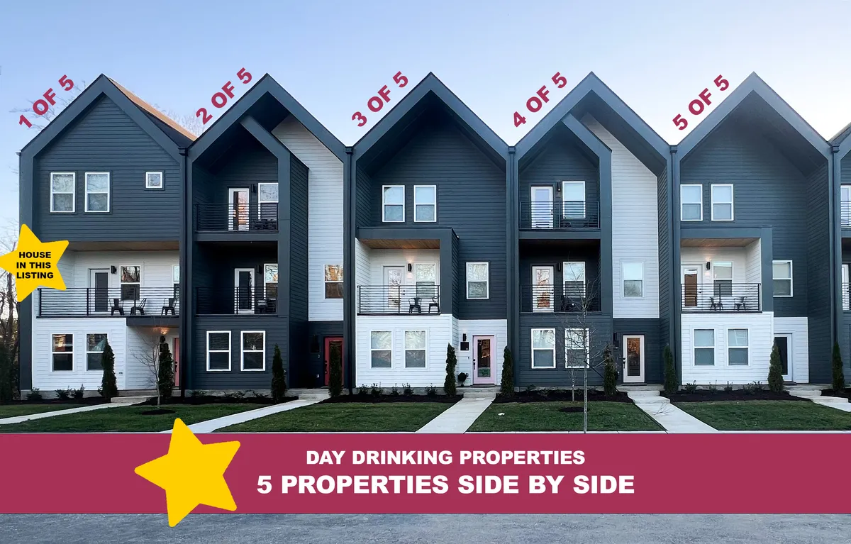 A sunny exterior shot of a row of modern, stylish townhomes with balconies and a landscaped pathway. The scene suggests outdoor social gatherings and relaxed afternoons, offering a welcoming and lively atmosphere for groups.
